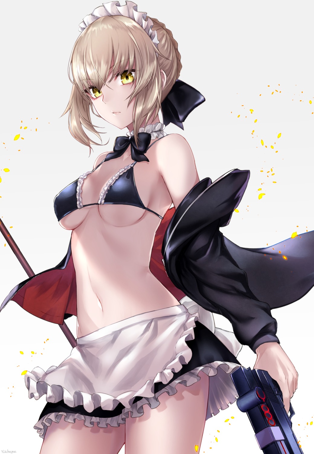 artoria_pendragon_(fate), artoria_pendragon_alter_(fate), bikini_top, cleavage, fate/grand_order, gun, maid, open_shirt