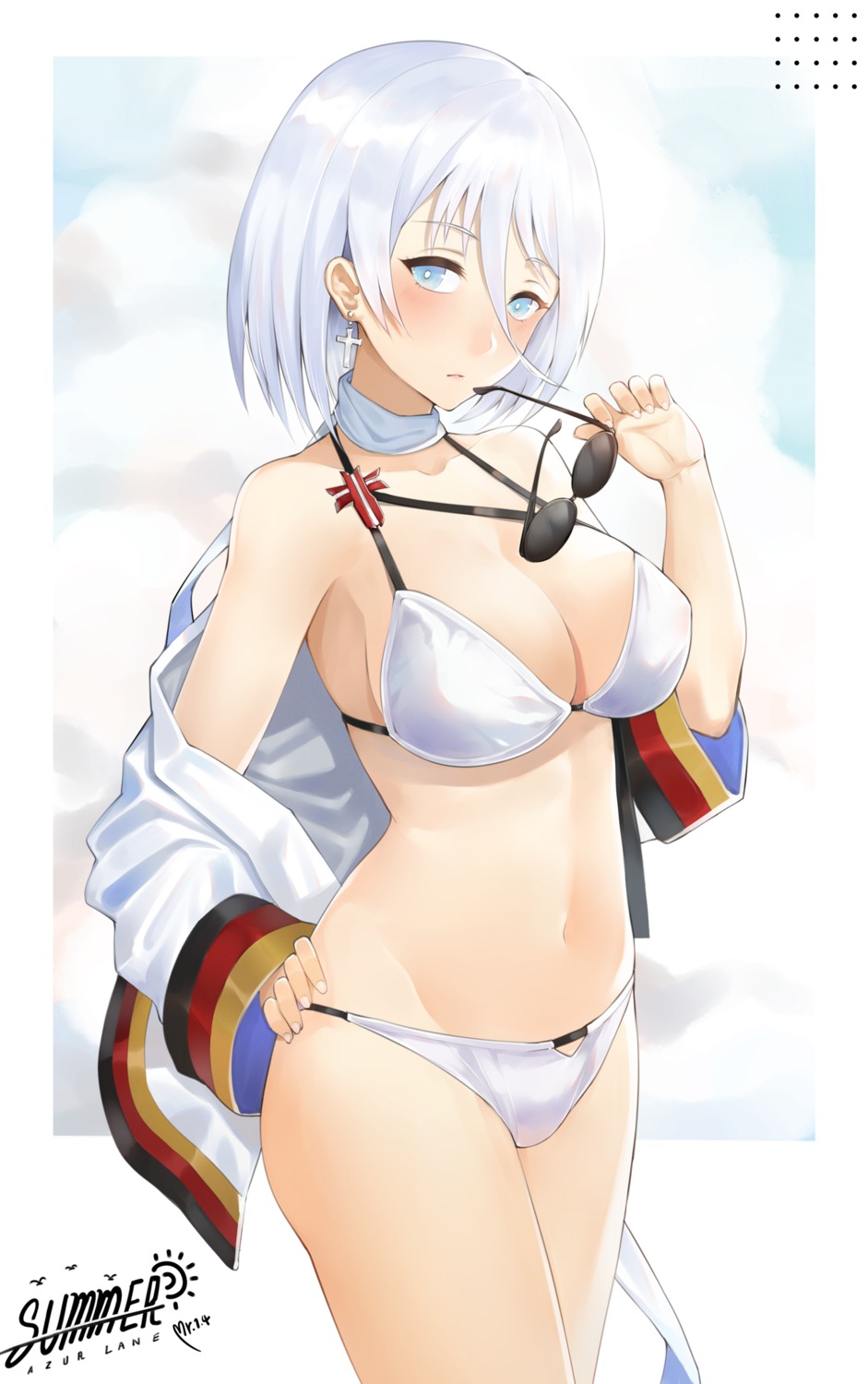 azur_lane, bikini, cleavage, megane, open_shirt, swimsuits, tirpitz_(azur_lane), yueguang_zhanglang