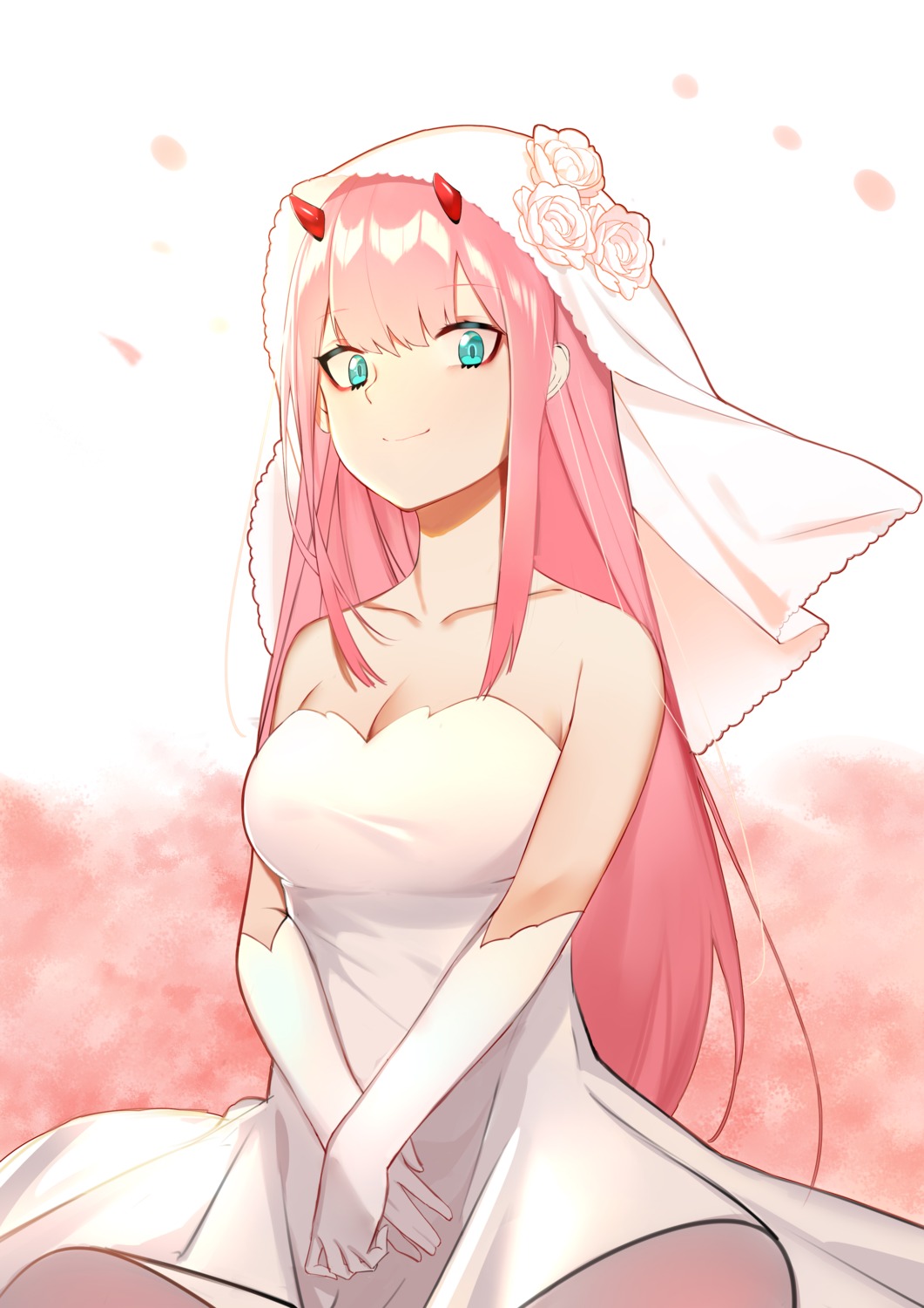 cleavage, darling_in_the_franxx, dress, horns, qingli_green, wedding_dress, zero_two_(darling_in_the_franxx)