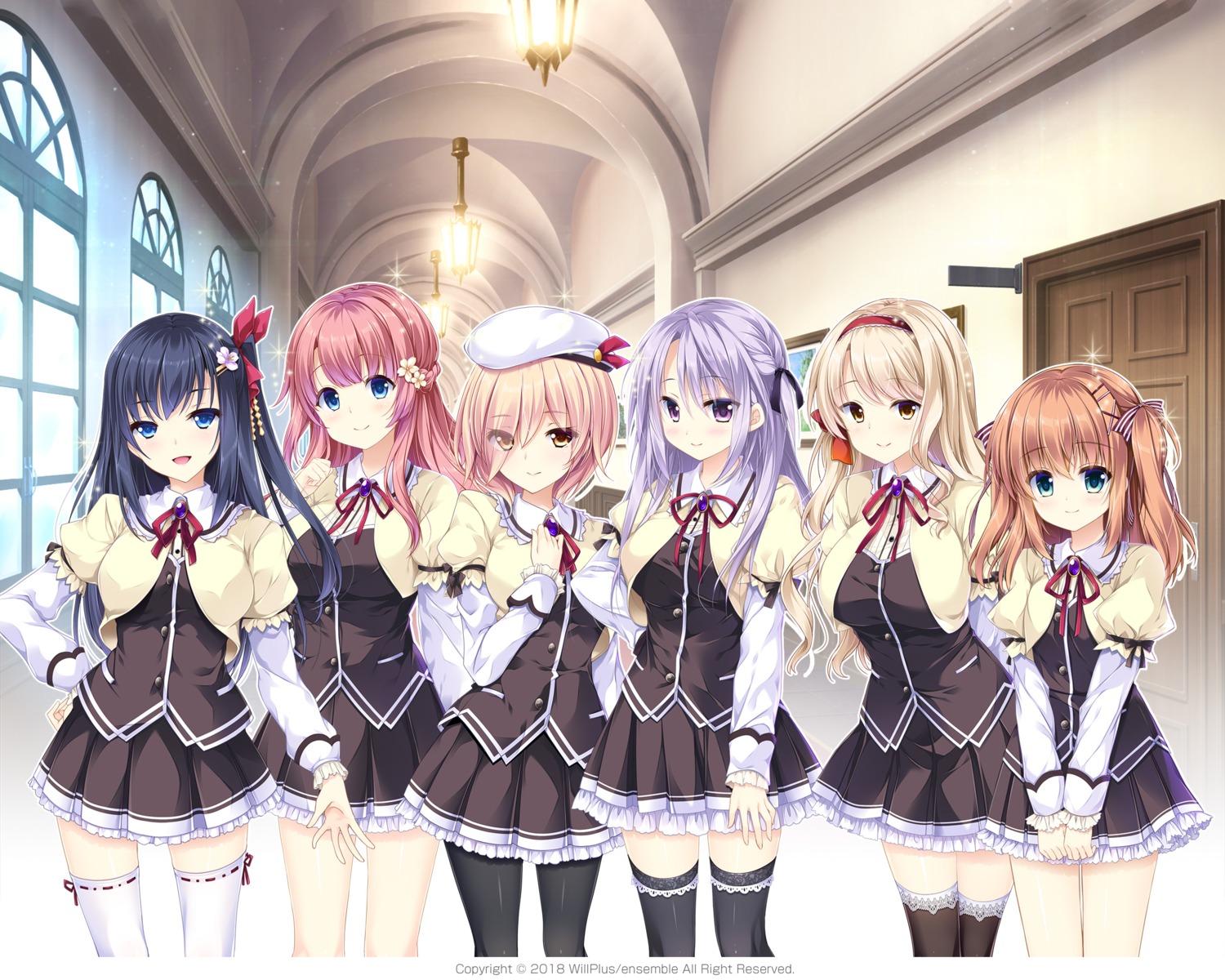ensemble_(company), fujisaki_nagisa, kurasawa_moko, mizuki_yuuma, mutou_kurihito, otome_ga_musubu_tsukiyo_no_kirameki, pantyhose, reizei_shizune, sakura_kokoro, seifuku, sesena_yau, shijou_ran, shinomori_suzuka, thighhighs, touya_yuuki, trap