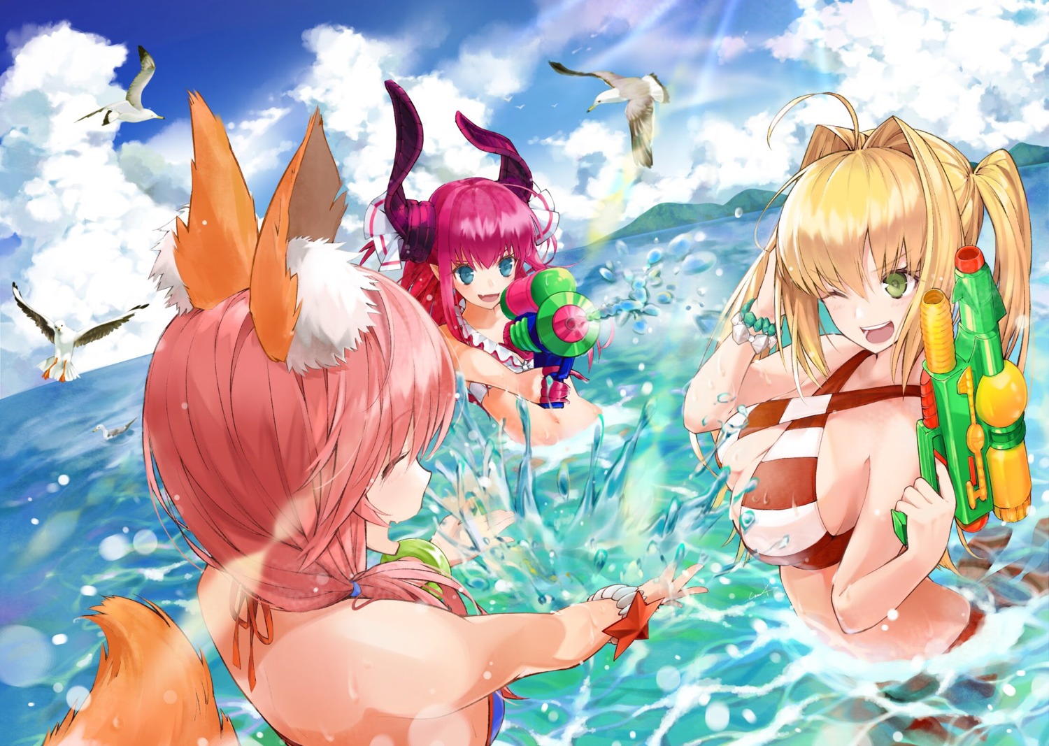 animal_ears, bikini, cleavage, elizabeth_bathory, fate/grand_order, gun, horns, nero_claudius_(fate)