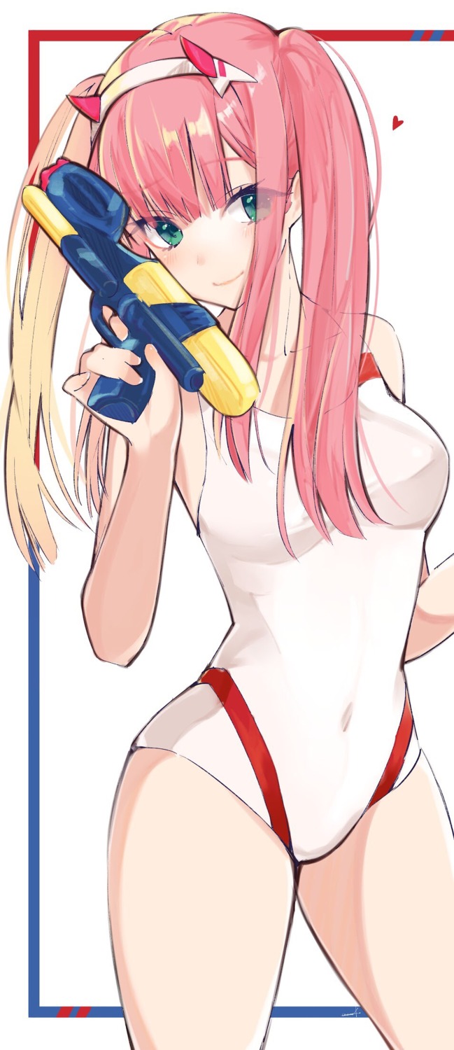 darling_in_the_franxx, gun, horns, swimsuits, utayoi_(umakatare), zero_two_(darling_in_the_franxx)