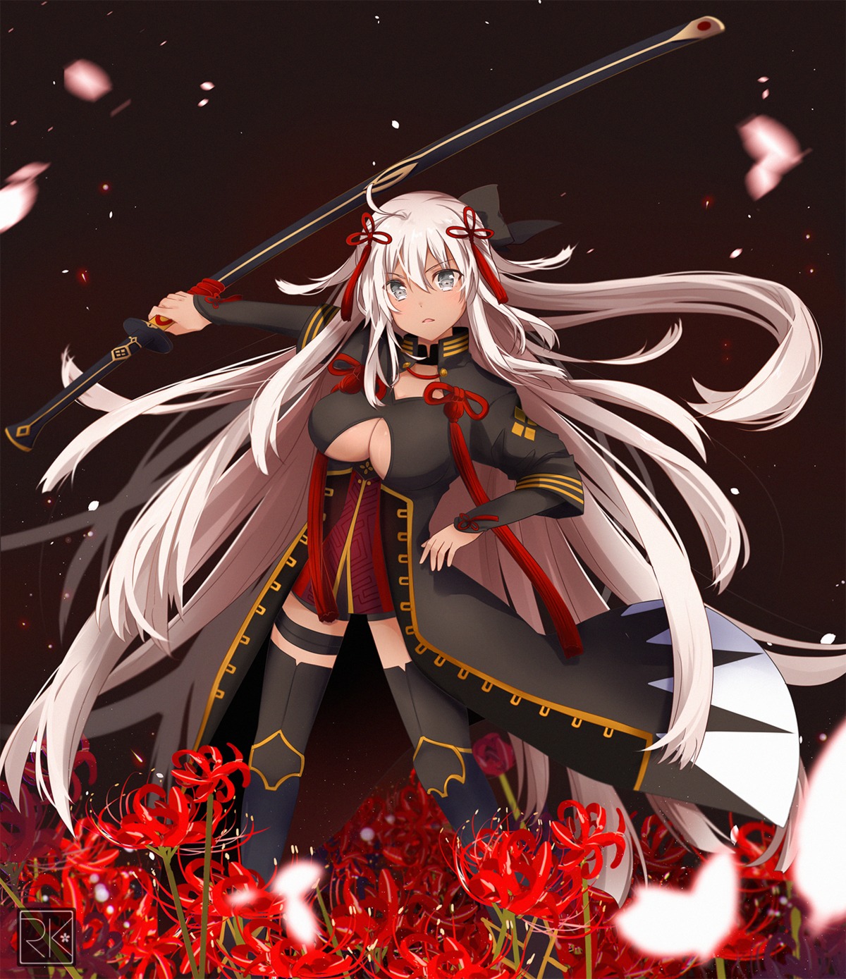 fate/grand_order, garter, no_bra, official_watermark, okita_souji_(alter)_(fate), rumikuu, sword, thighhighs