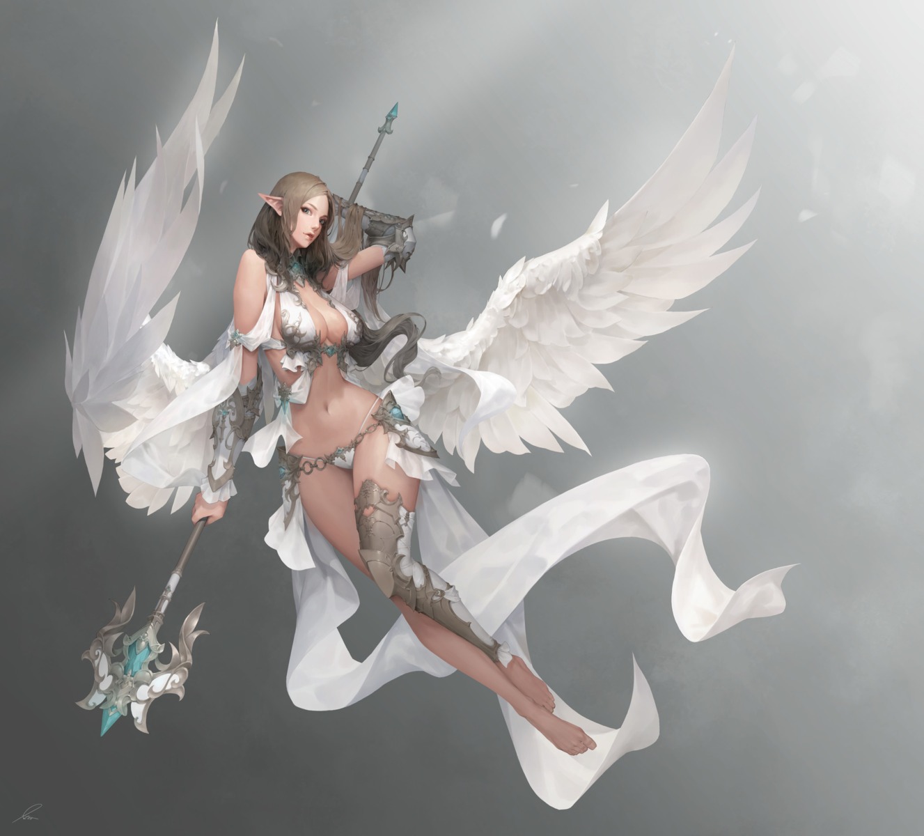 armor, bikini_armor, cleavage, hex_(tanhexun), pointy_ears, thighhighs, weapon, wings