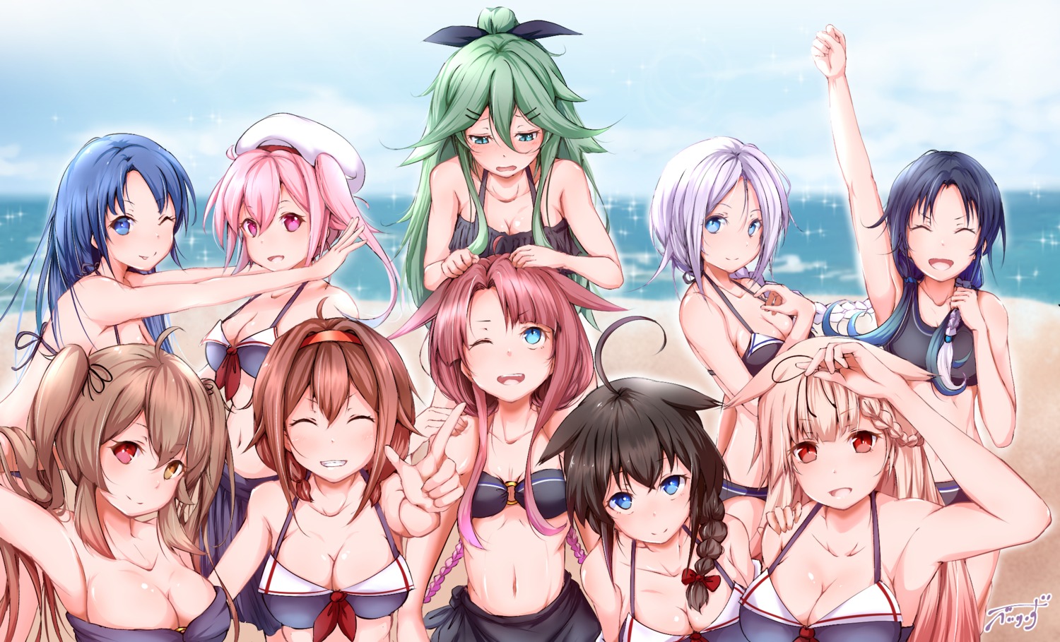 baileys_(tranquillity650), bikini, bikini_top, cleavage, harusame_(kancolle), heterochromia, kantai_collection, kawakaze_(kancolle), murasame_(kancolle), samidare_(kancolle), shigure_(kancolle), shiratsuyu_(kancolle), suzukaze_(kancolle), swimsuits, umikaze_(kancolle), yamakaze_(kancolle), yuudachi_(kancolle)