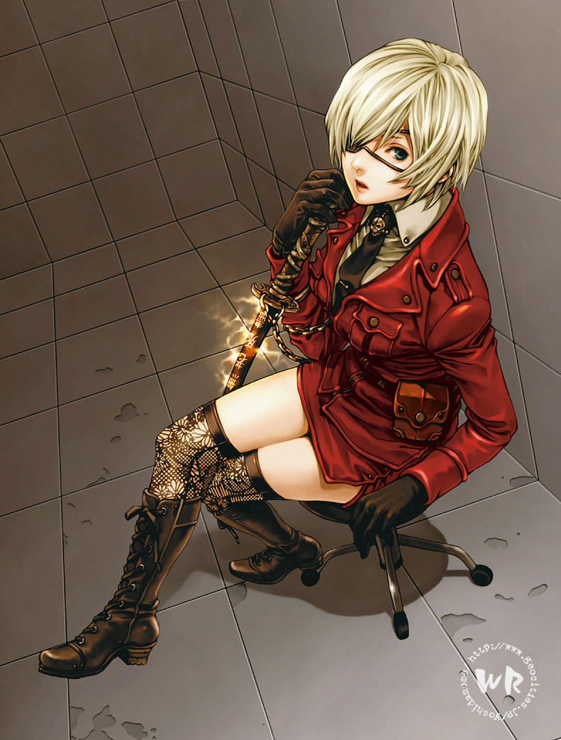 eyepatch, hayabusa_yuuki, sword, thighhighs