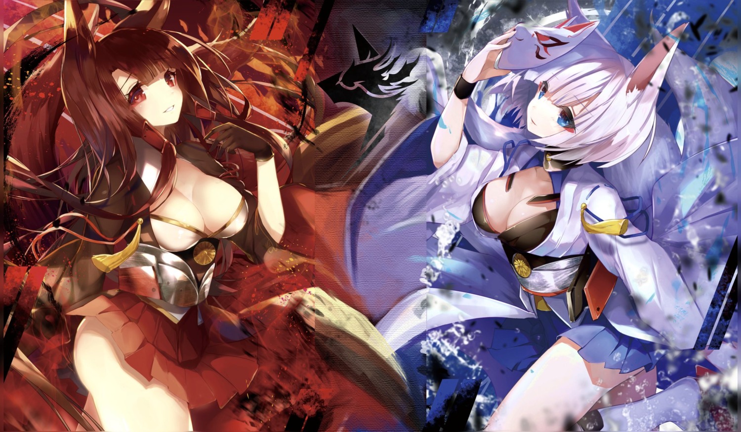 akagi_(azur_lane), amakawa_sakko, animal_ears, azur_lane, cleavage, japanese_clothes, kaga_(azur_lane), tail