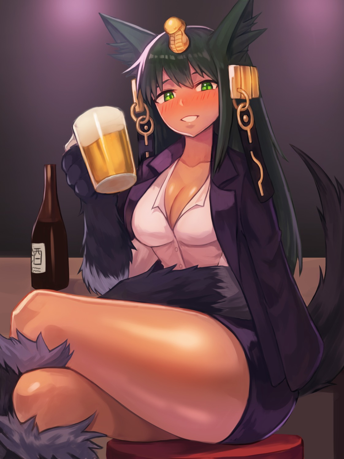 animal_ears, anubis_(monster_girl_encyclopedia), business_suit, cleavage, monster_girl, monster_girl_encyclopedia, sookmo, tail