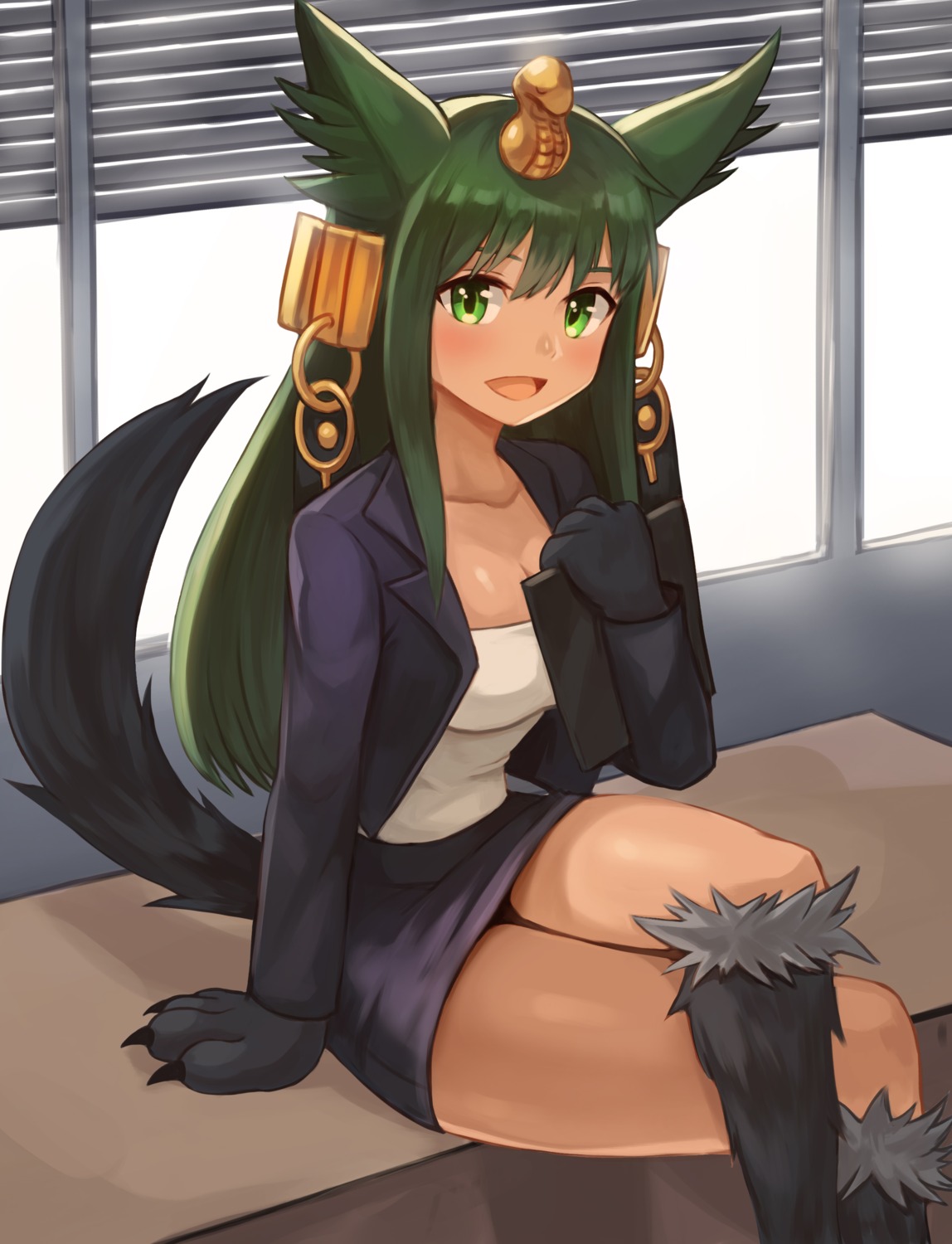 animal_ears, anubis_(monster_girl_encyclopedia), business_suit, cleavage, monster_girl, monster_girl_encyclopedia, sookmo, tail