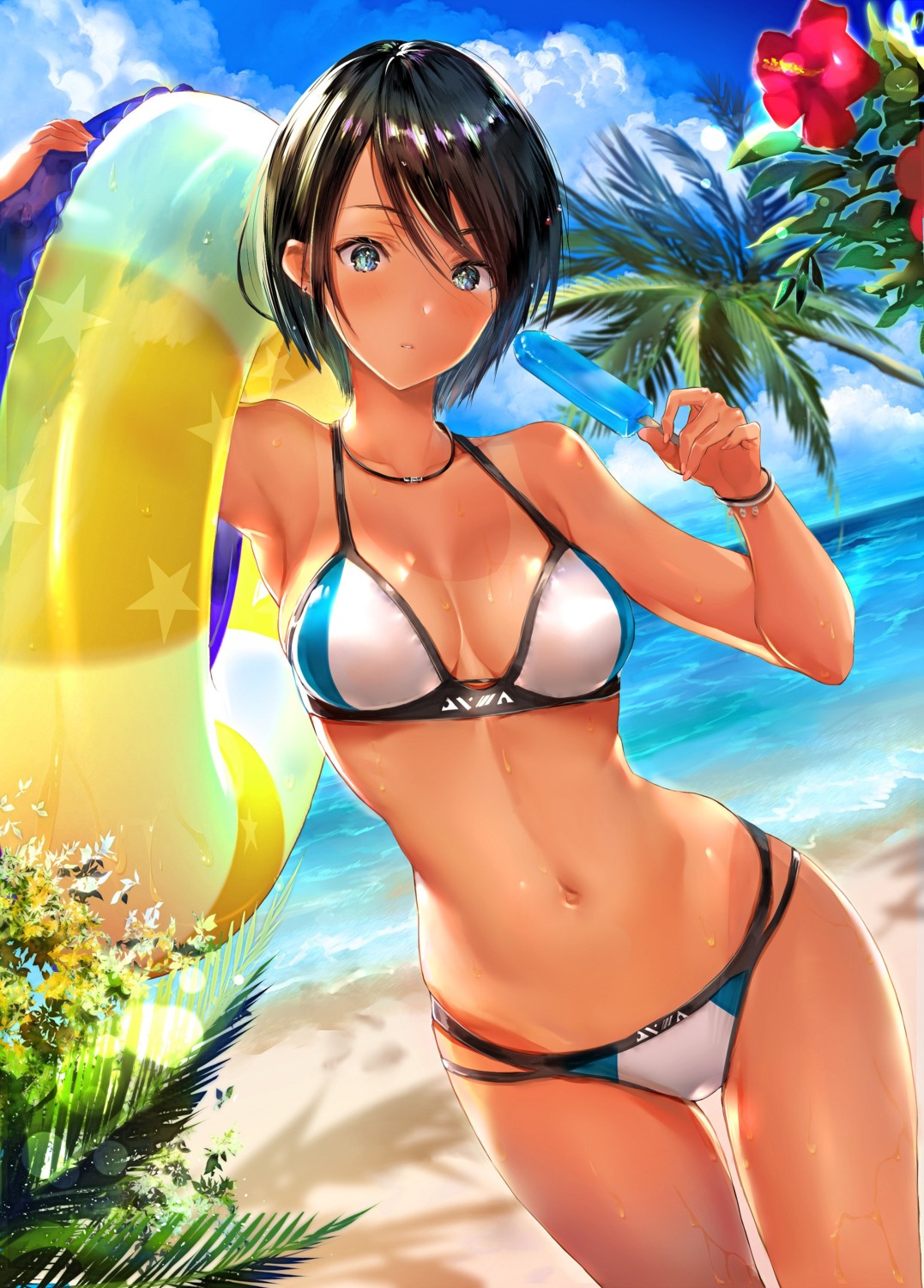 bikini, cleavage, hitaki_yuu, swimsuits, tan_lines, wet