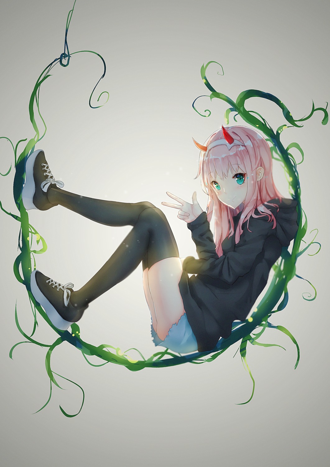 darling_in_the_franxx, dragon_xiuluo, horns, sweater, thighhighs, torn_clothes, zero_two_(darling_in_the_franxx)