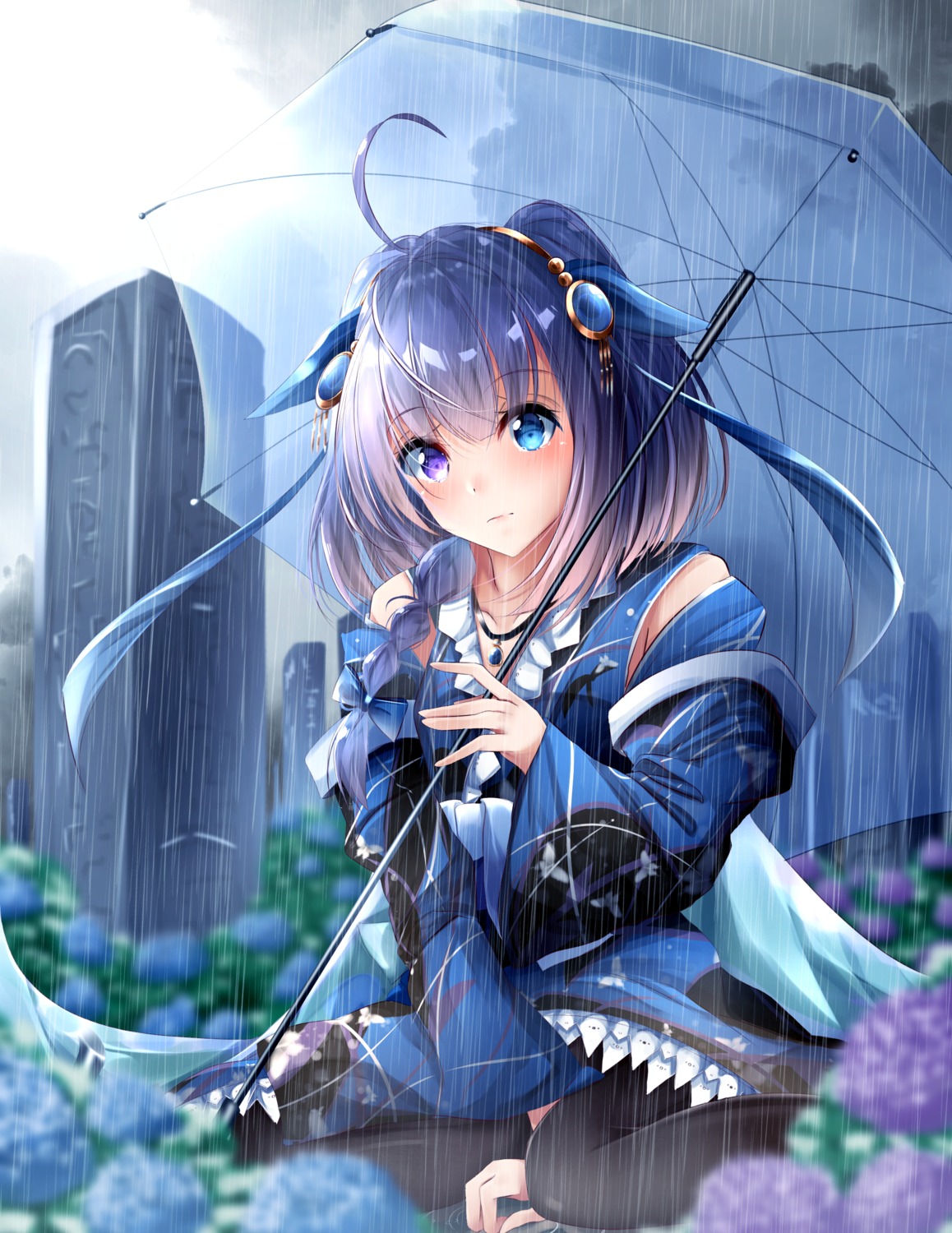 heterochromia, japanese_clothes, pantyhose, suisen-21, umbrella, wet