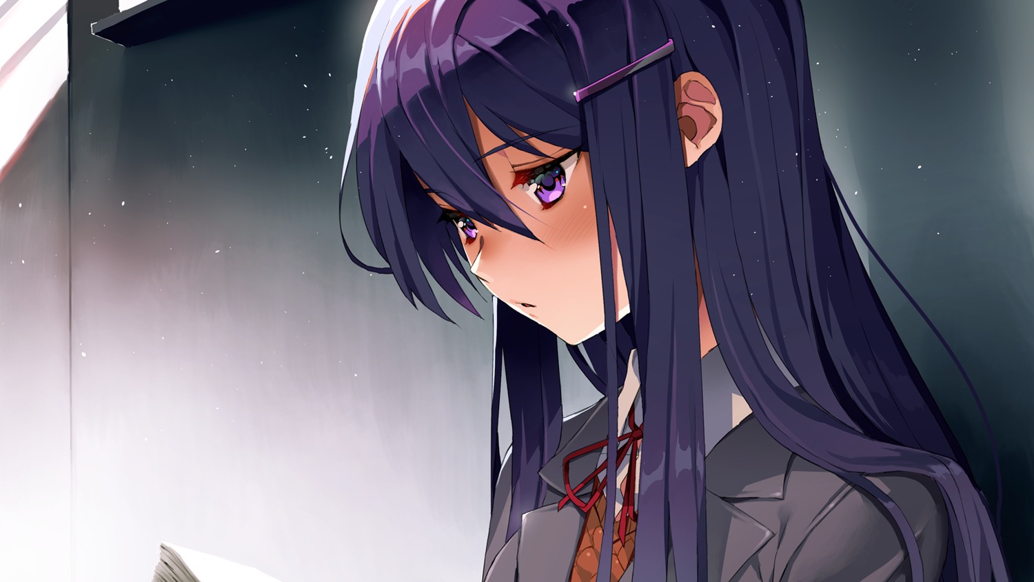 doki_doki_literature_club!, satchely, seifuku, wallpaper, yuri_(doki_doki_literature_club!)