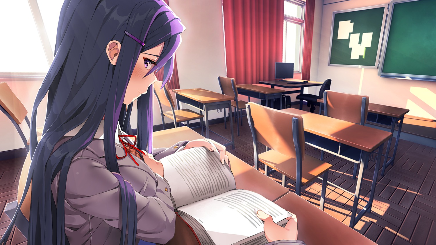 breast_hold, doki_doki_literature_club!, satchely, seifuku, wallpaper, yuri_(doki_doki_literature_club!)