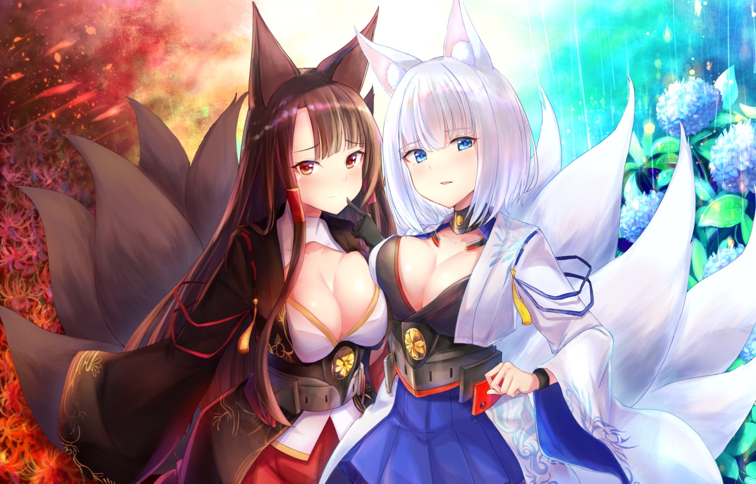 agibe, akagi_(azur_lane), animal_ears, azur_lane, cleavage, kaga_(azur_lane), kitsune, symmetrical_docking