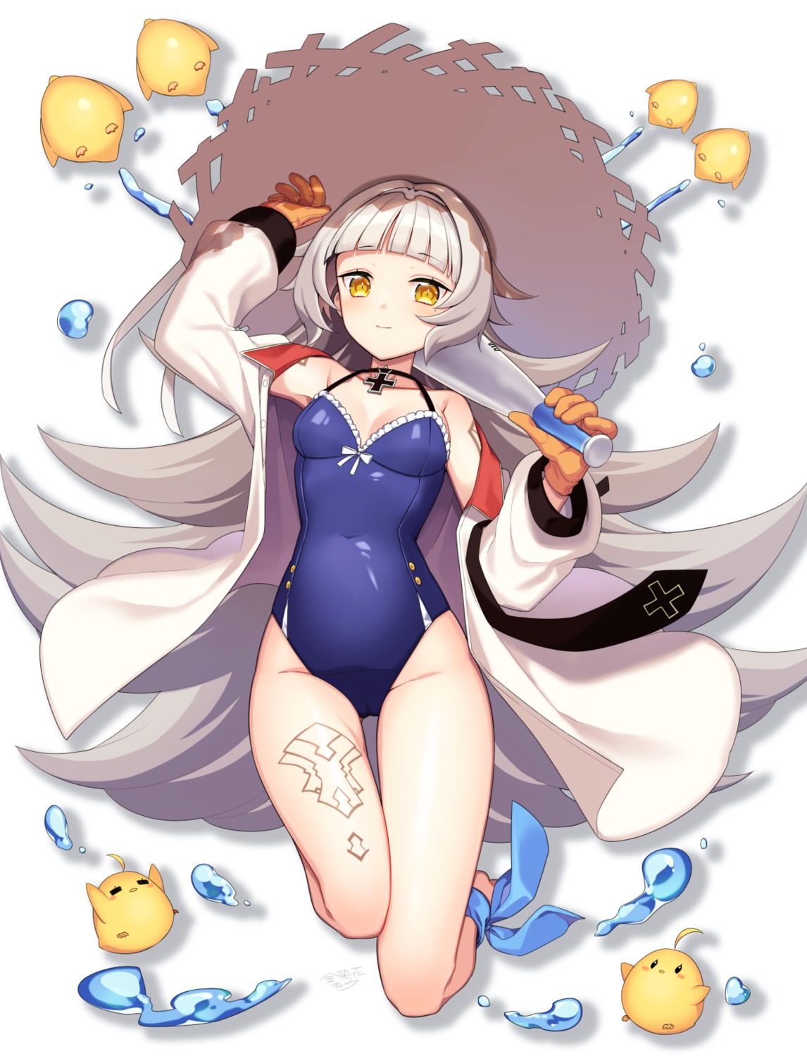 azur_lane, cleavage, kinsenka_momi, manjuu_(azur_lane), open_shirt, swimsuits, tattoo, z46_(azur_lane)