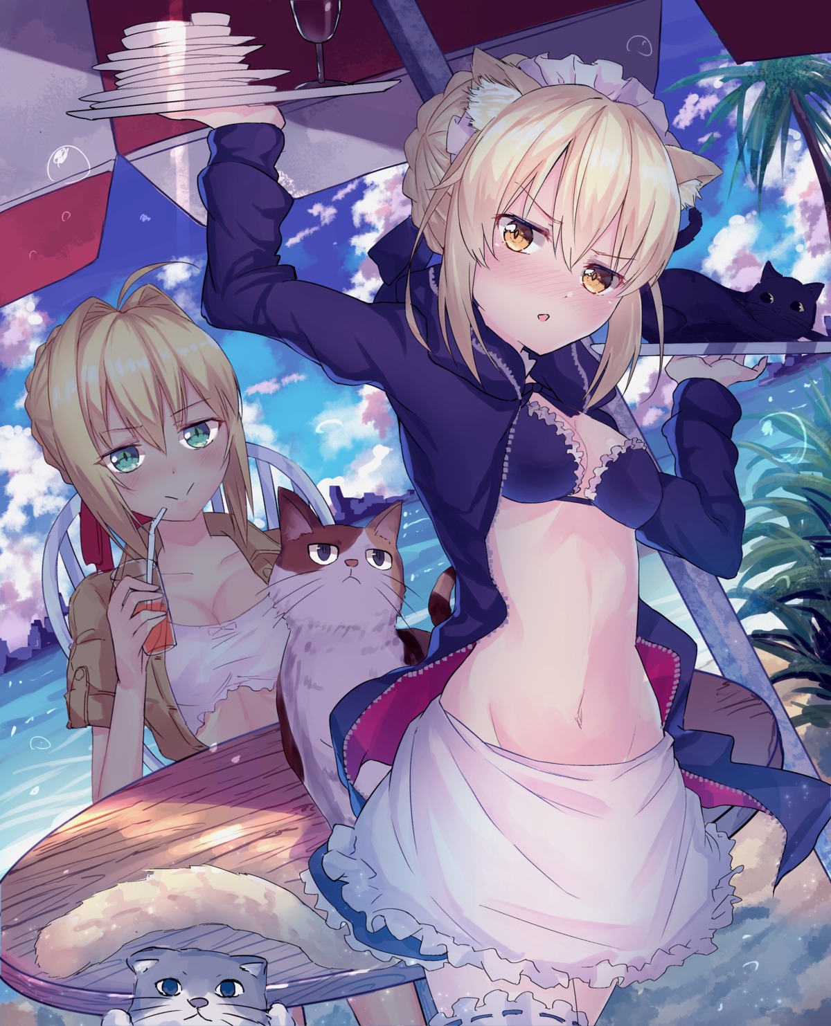 animal_ears, artoria_pendragon_(fate), artoria_pendragon_alter_(fate), bikini_top, cleavage, fate/grand_order, maid, muragaki_(sgxx4878), neko, nekomimi, nero_claudius_(fate), open_shirt, swimsuits, tail, thighhighs