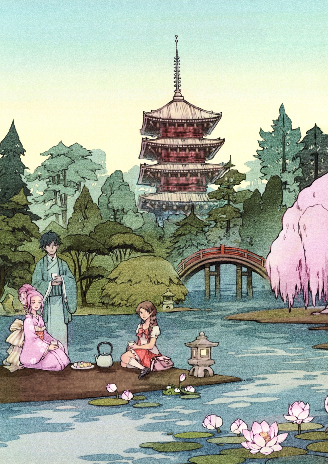 aurore, heels, kimono, landscape