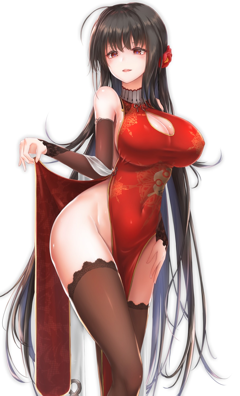chinadress, cleavage, dress, dsr-50_(girls_frontline), girls_frontline, gukukim, nopan, skirt_lift, thighhighs