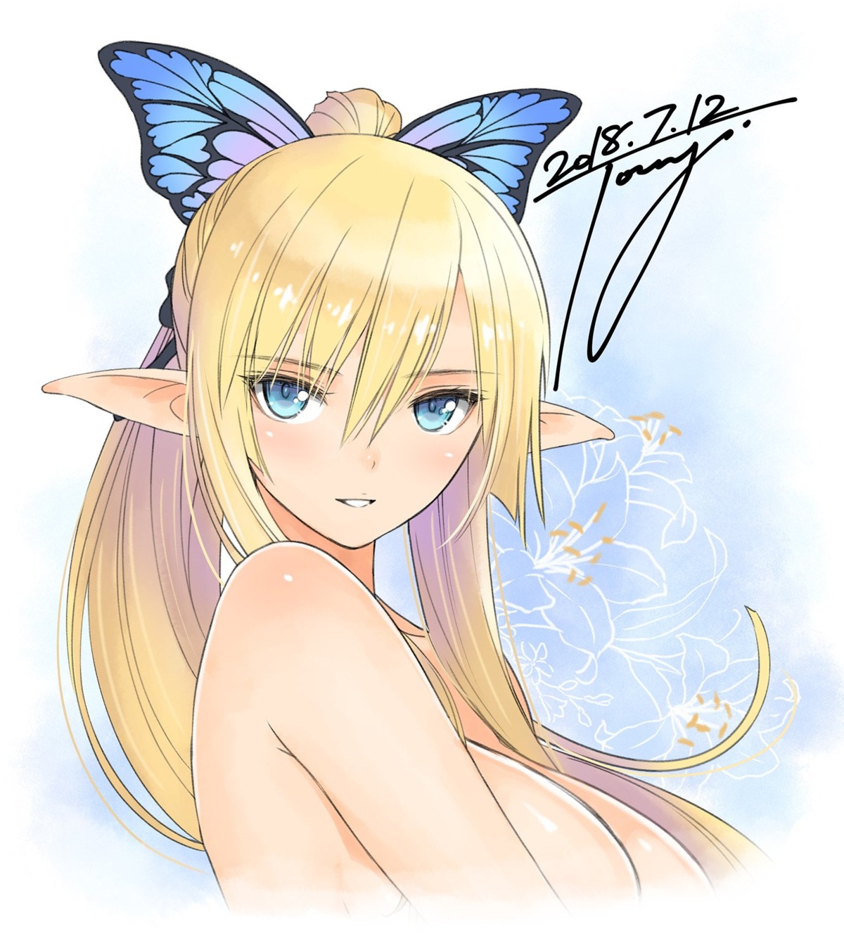 autographed, kirika_towa_alma, pointy_ears, shining_resonance, tony_taka, topless