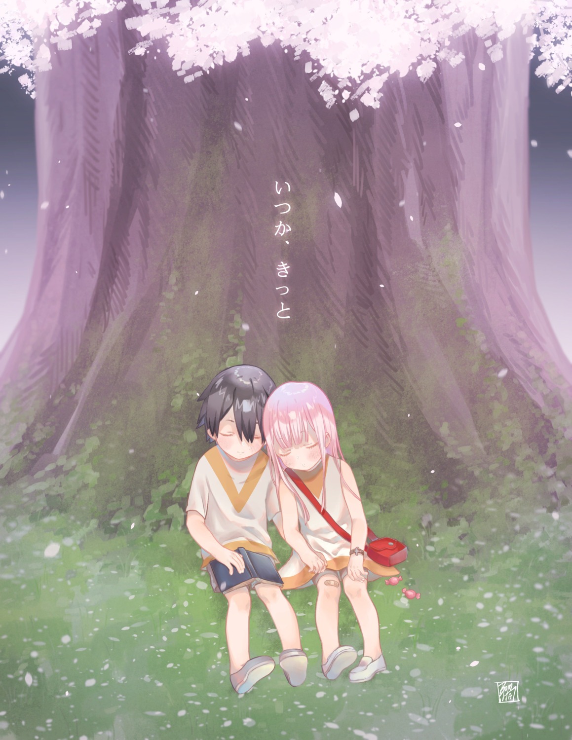 bandaid, bomhat, darling_in_the_franxx, dress, hiro_(darling_in_the_franxx), zero_two_(darling_in_the_franxx)