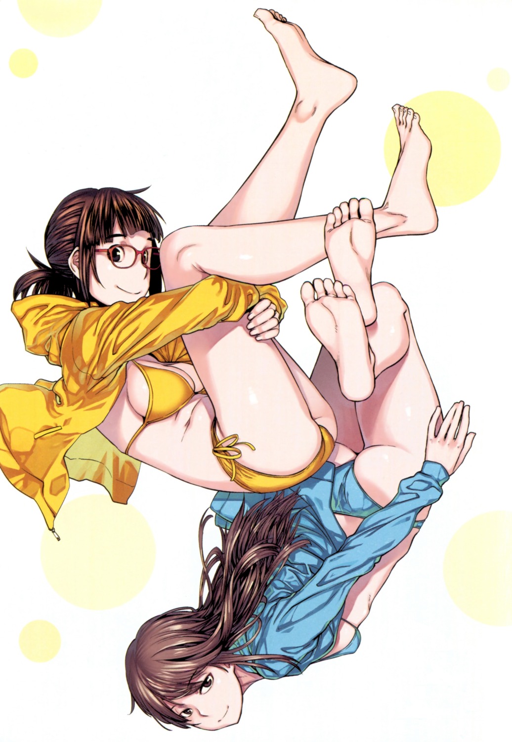 ass, bikini, dasei_67_percent, feet, megane, open_shirt, shimimaru, swimsuits
