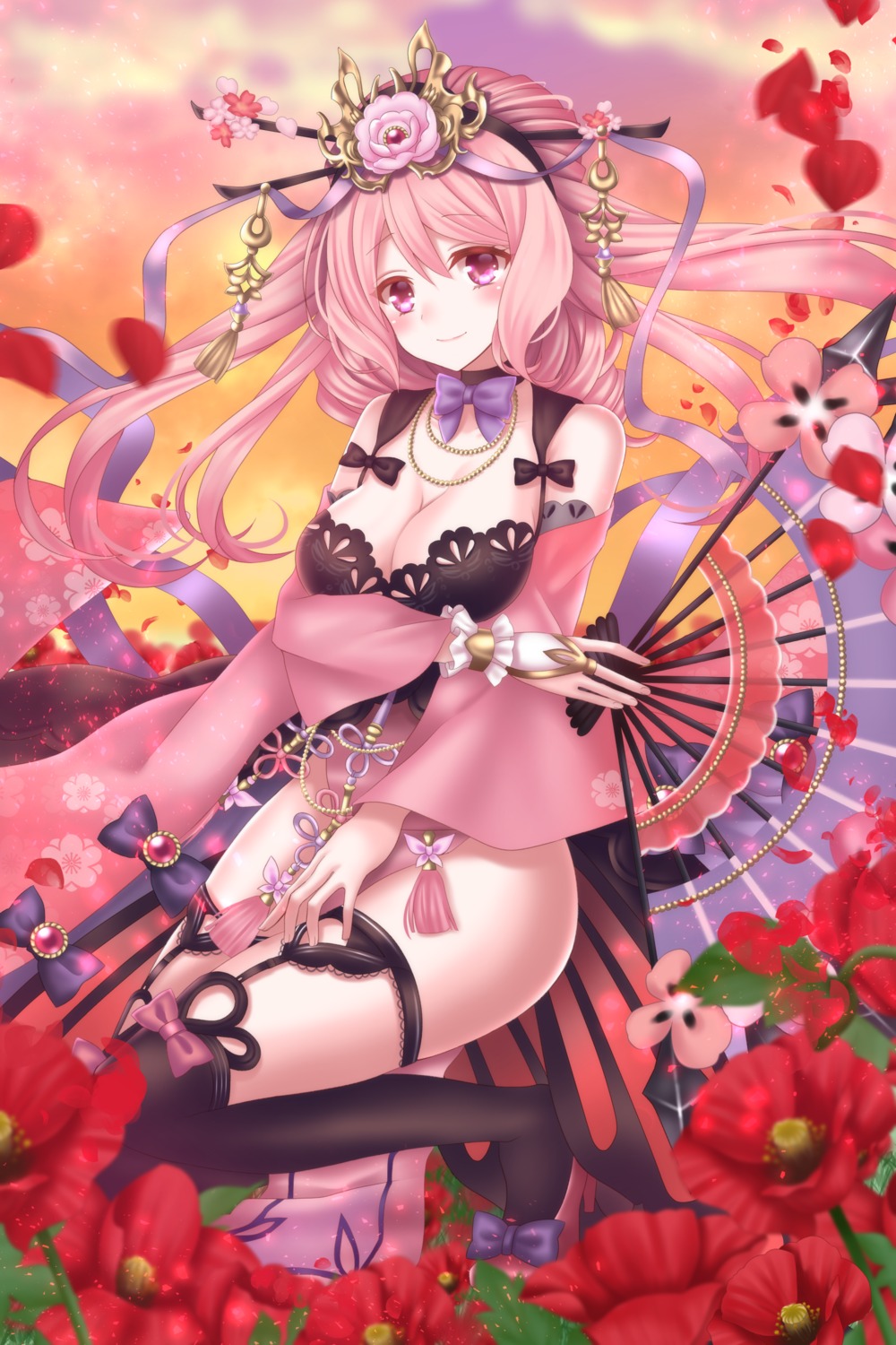 breast_hold, cleavage, garter, heels, houchi_shoujo, lingerie, stockings, thighhighs, yuzushiro