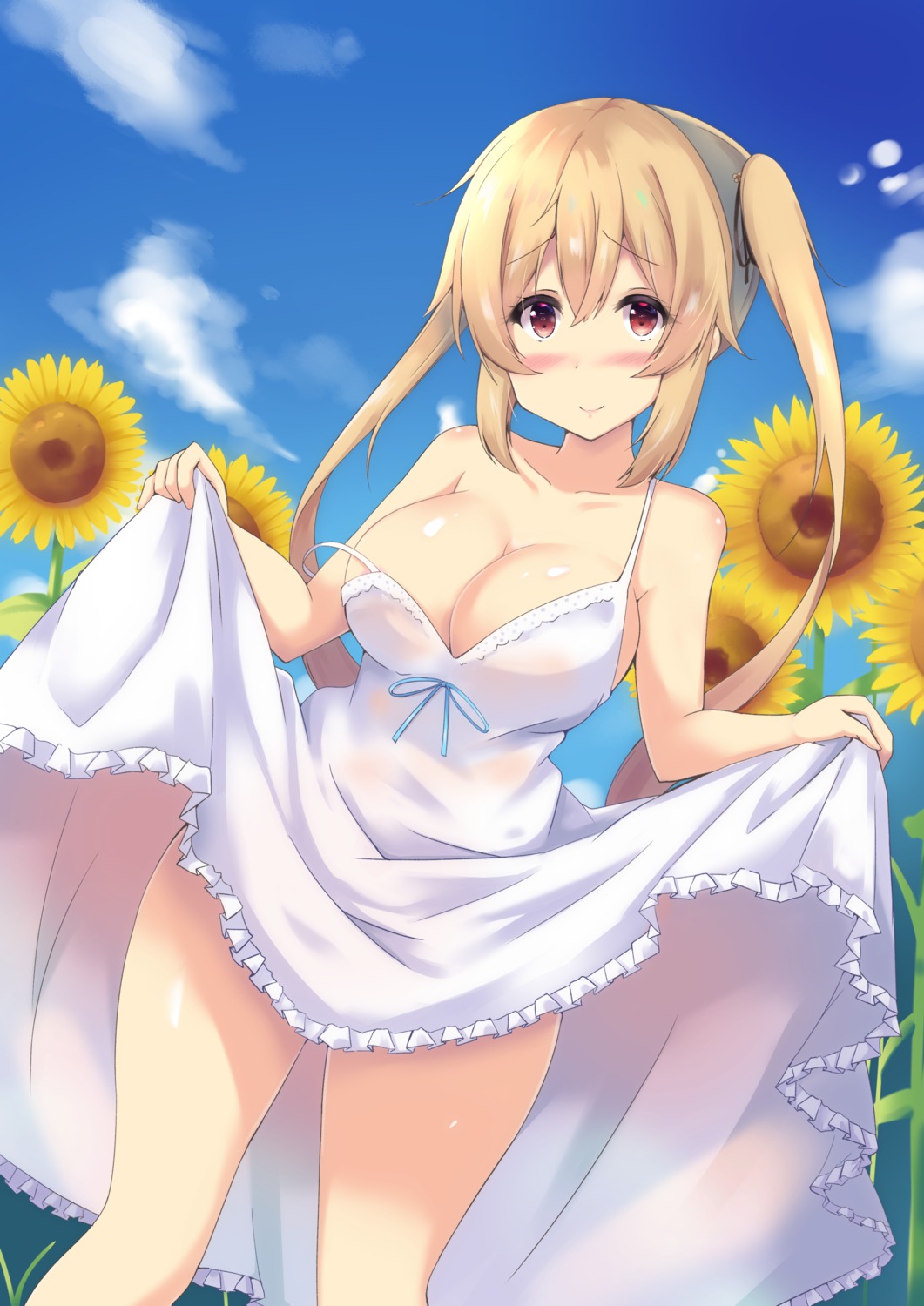 dress, kantai_collection, murasame_(kancolle), no_bra, purunyara, skirt_lift, summer_dress