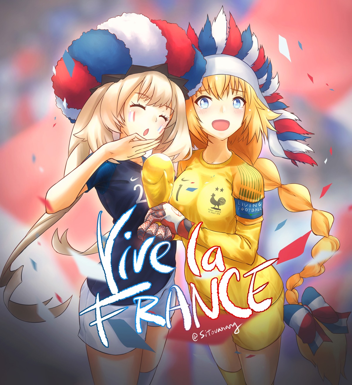 fate/grand_order, jeanne_d'arc, jeanne_d'arc_(fate), marie_antoinette_(fate), sitouanang, soccer, thighhighs, uniform