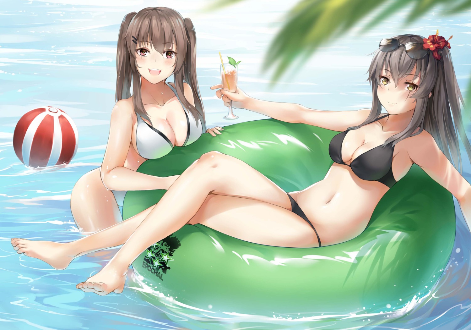bikini, cleavage, feet, girls_frontline, ina_(inadiary), megane, swimsuits, ump45_(girls_frontline), ump9_(girls_frontline), wet