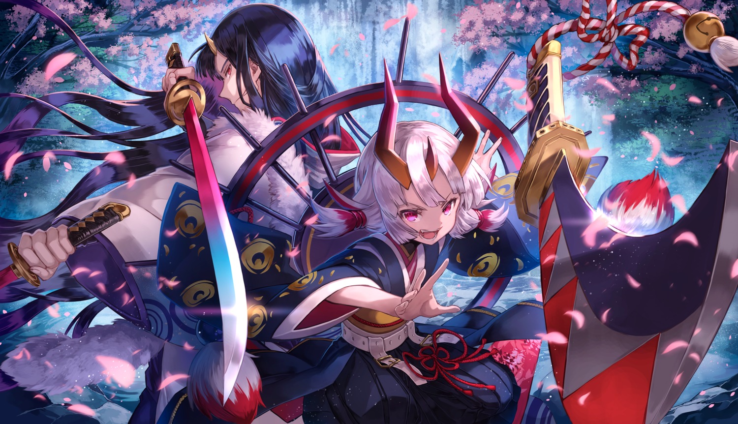 horns, japanese_clothes, merc_storia, mito_itsuki, sword