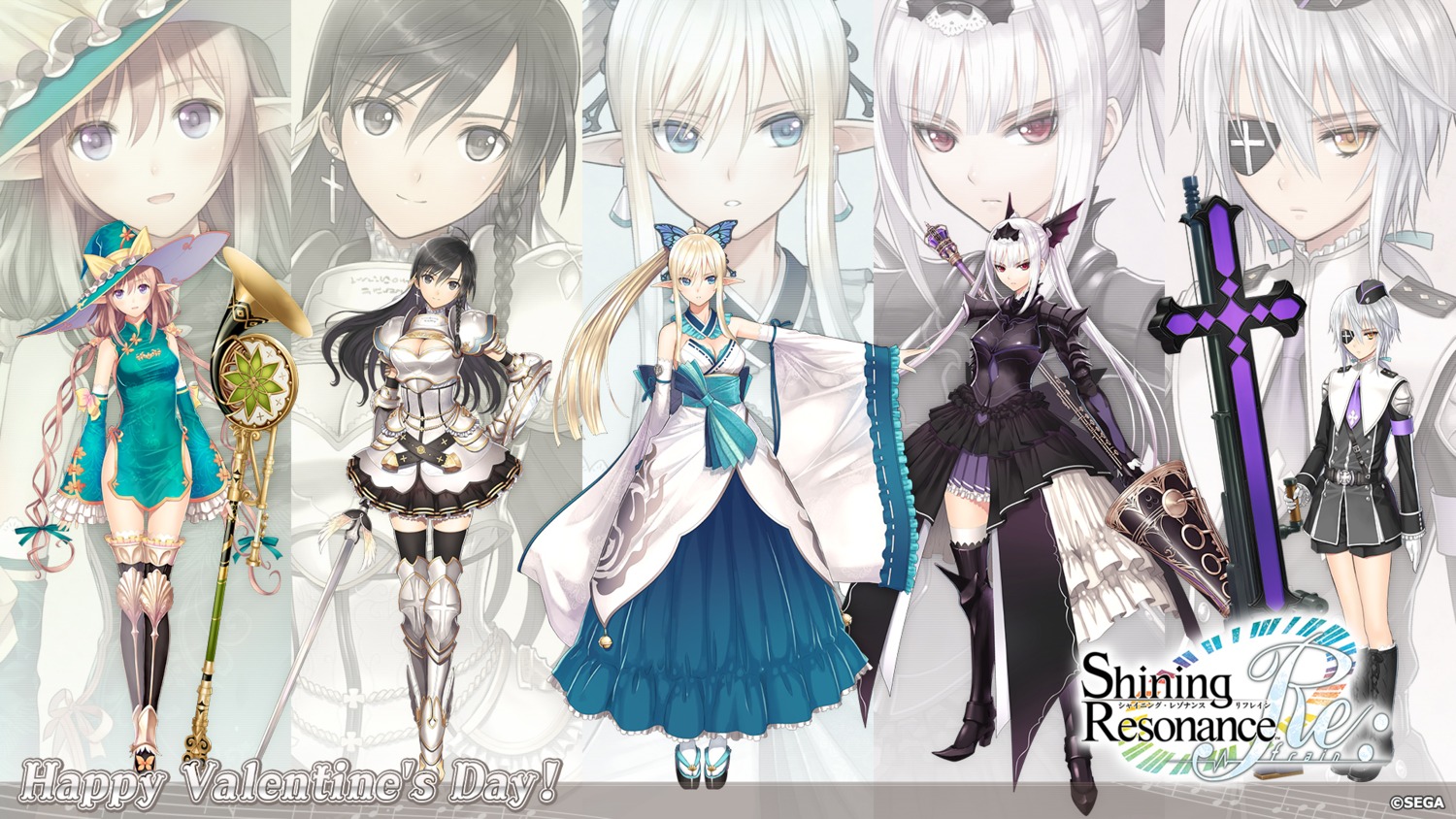 armor, chinadress, cleavage, excela_noa_aura, eyepatch, japanese_clothes, kirika_towa_alma, marion_le_sheila, pointy_ears, rinna_mayfield, sega, shining_resonance, shining_world, sonia_branche, sword, thighhighs, tony_taka, uniform, wallpaper, weapon, witch