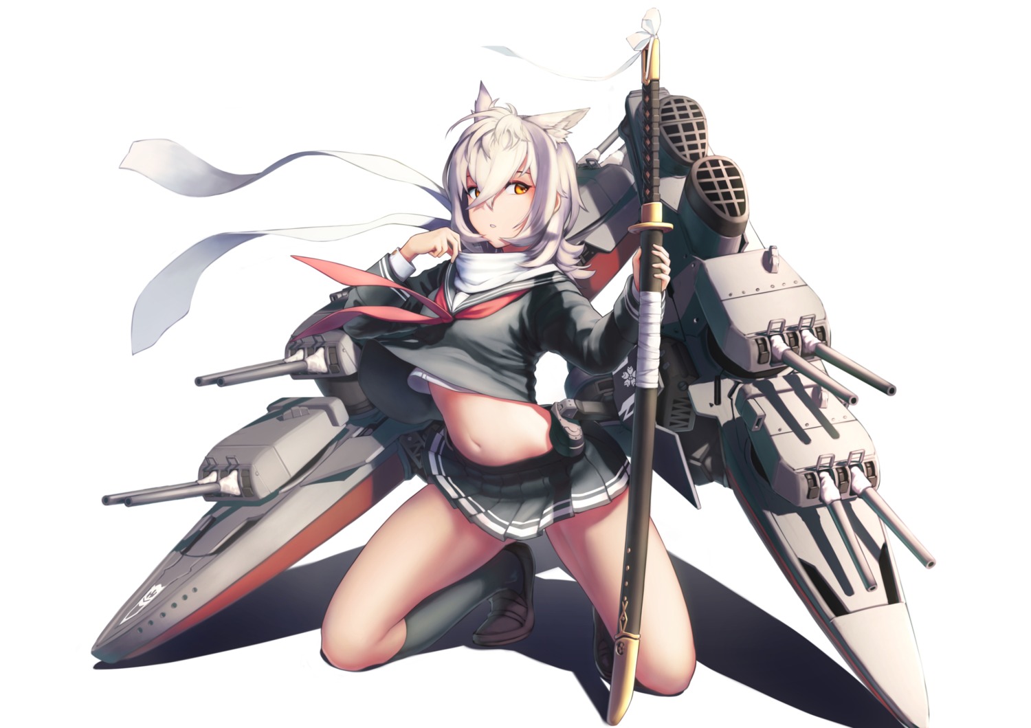 animal_ears, azur_lane, itaco, maya_(azur_lane), seifuku, shirt_lift, skirt_lift, sword