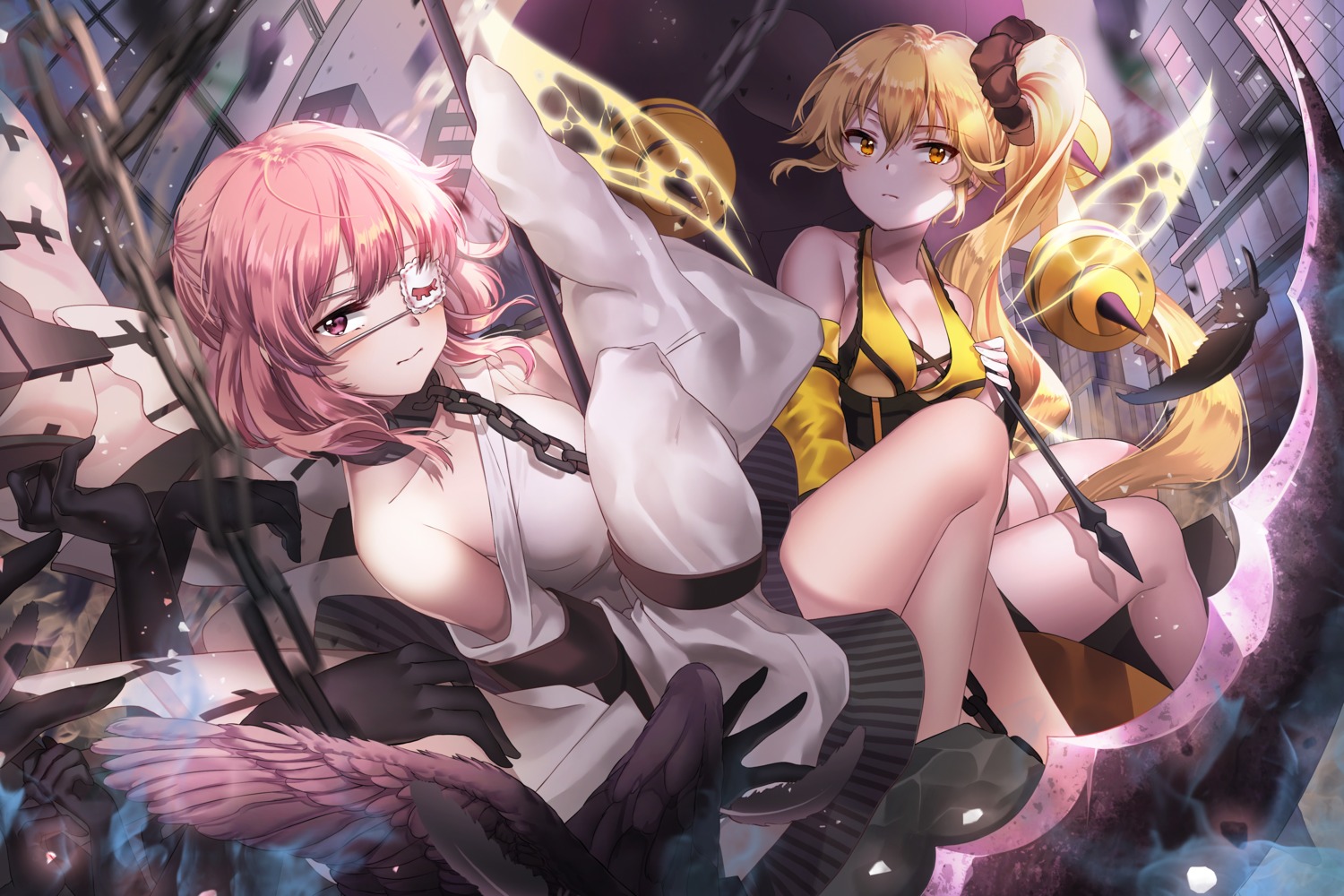 cleavage, eyepatch, forever_7th_capital, kyjsogom, rei_(forever_7th_capital), watari_(forever_7th_capital), weapon