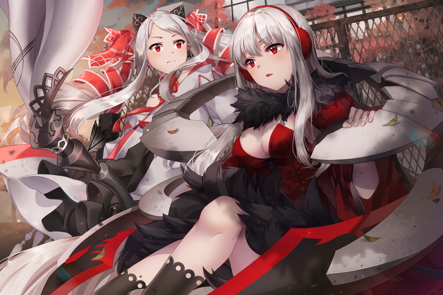 cleavage, forever_7th_capital, headphones, horns, japanese_clothes, kyjsogom, pointy_ears, seyui_(forever_7th_capital), vera_(forever_7th_capital), weapon