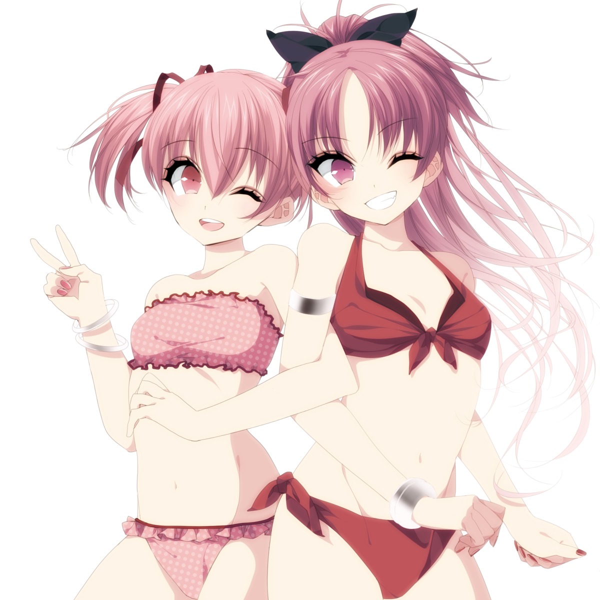 bikini, cleavage, kaname_madoka, mahou_shoujo_madoka_magica, mio_(artist), sakura_kyouko, swimsuits