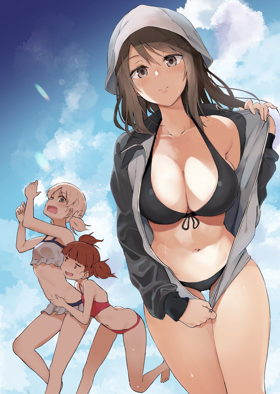 aki_(girls_und_panzer), bikini, cleavage, girls_und_panzer, mika_(girls_und_panzer), mikko_(girls_und_panzer), muteki_soda, open_shirt