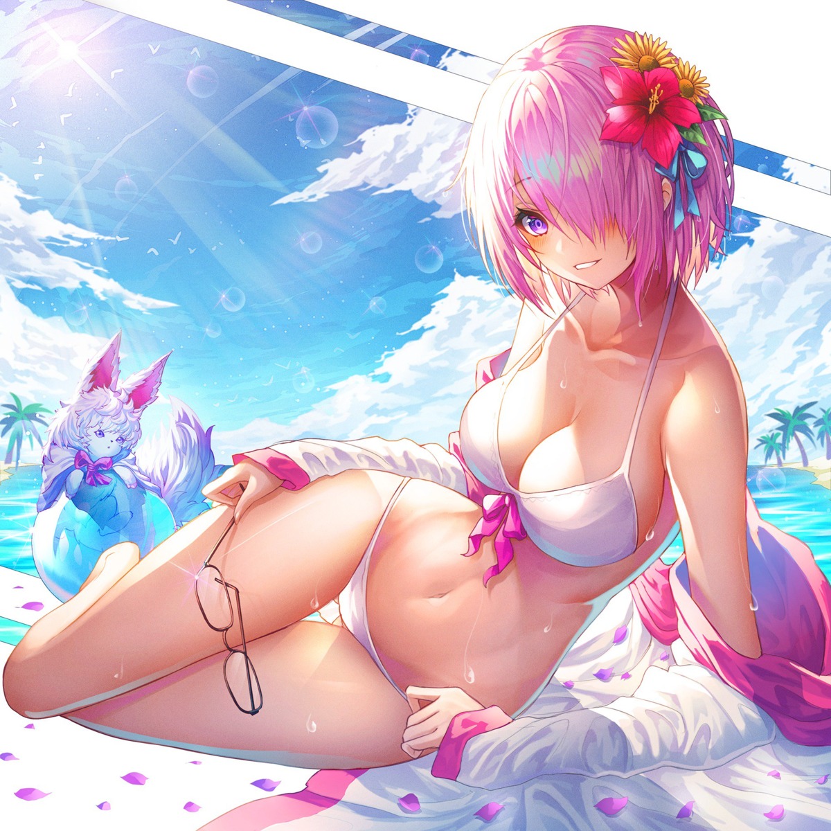 bikini, cath_palug_(fate), cleavage, fate/grand_order, mash_kyrielight, megane, okazu_(eightstudio), swimsuits