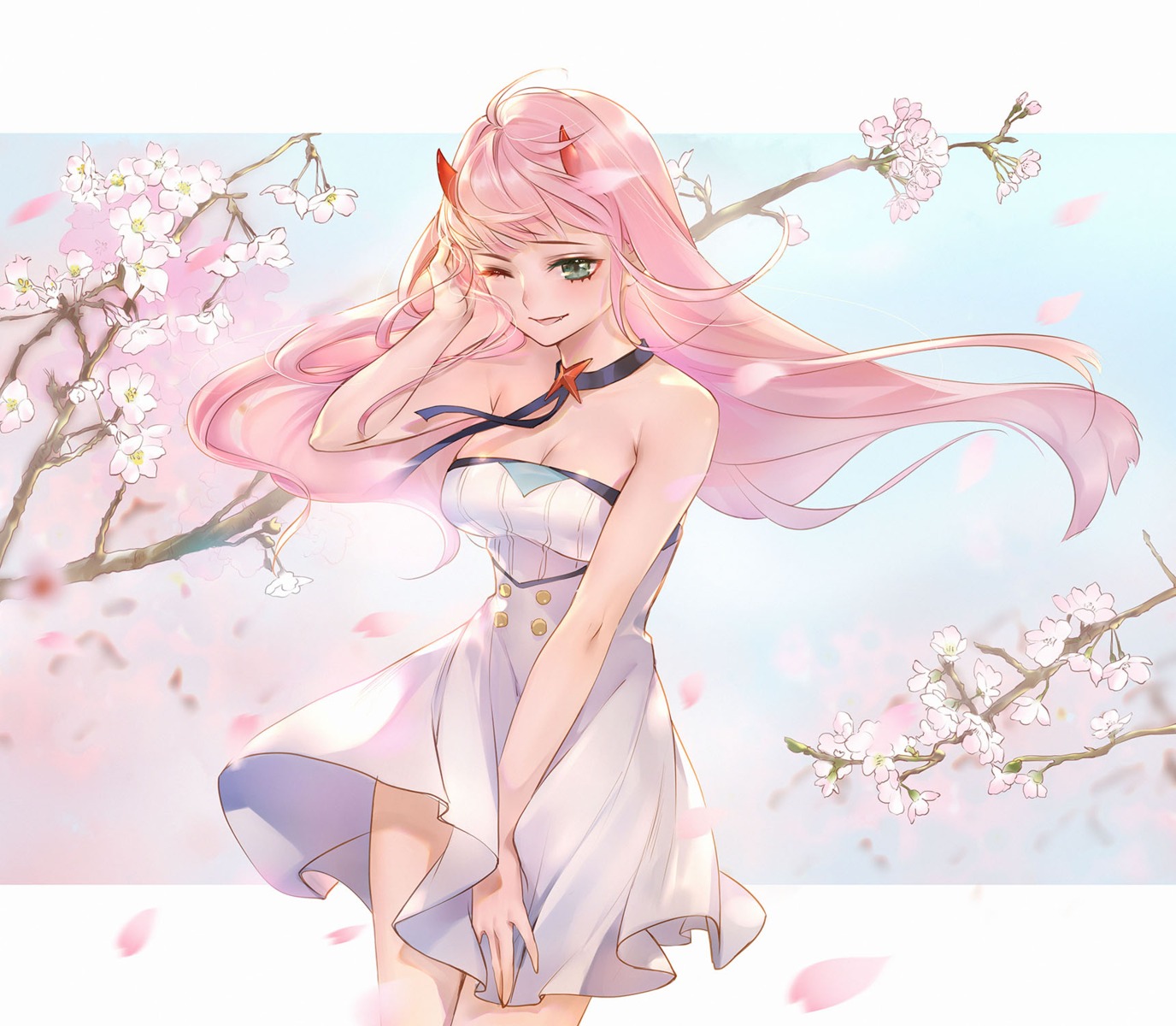 cleavage, darling_in_the_franxx, dress, horns, orry, skirt_lift, zero_two_(darling_in_the_franxx)
