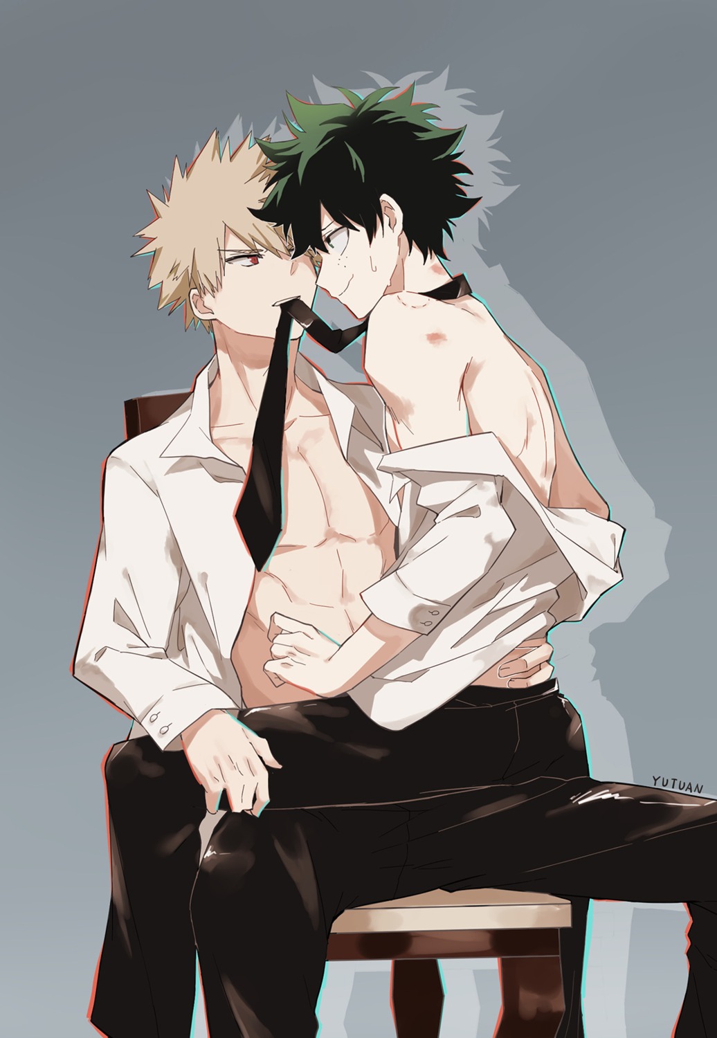 bakugou_katsuki, boku_no_hero_academia, liyuchen1126, male, midoriya_izuku, open_shirt, yaoi