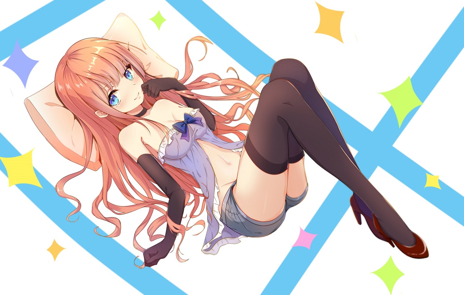 cleavage, guanghe_zuoyong_de_de_yezi, heels, lingerie, thighhighs