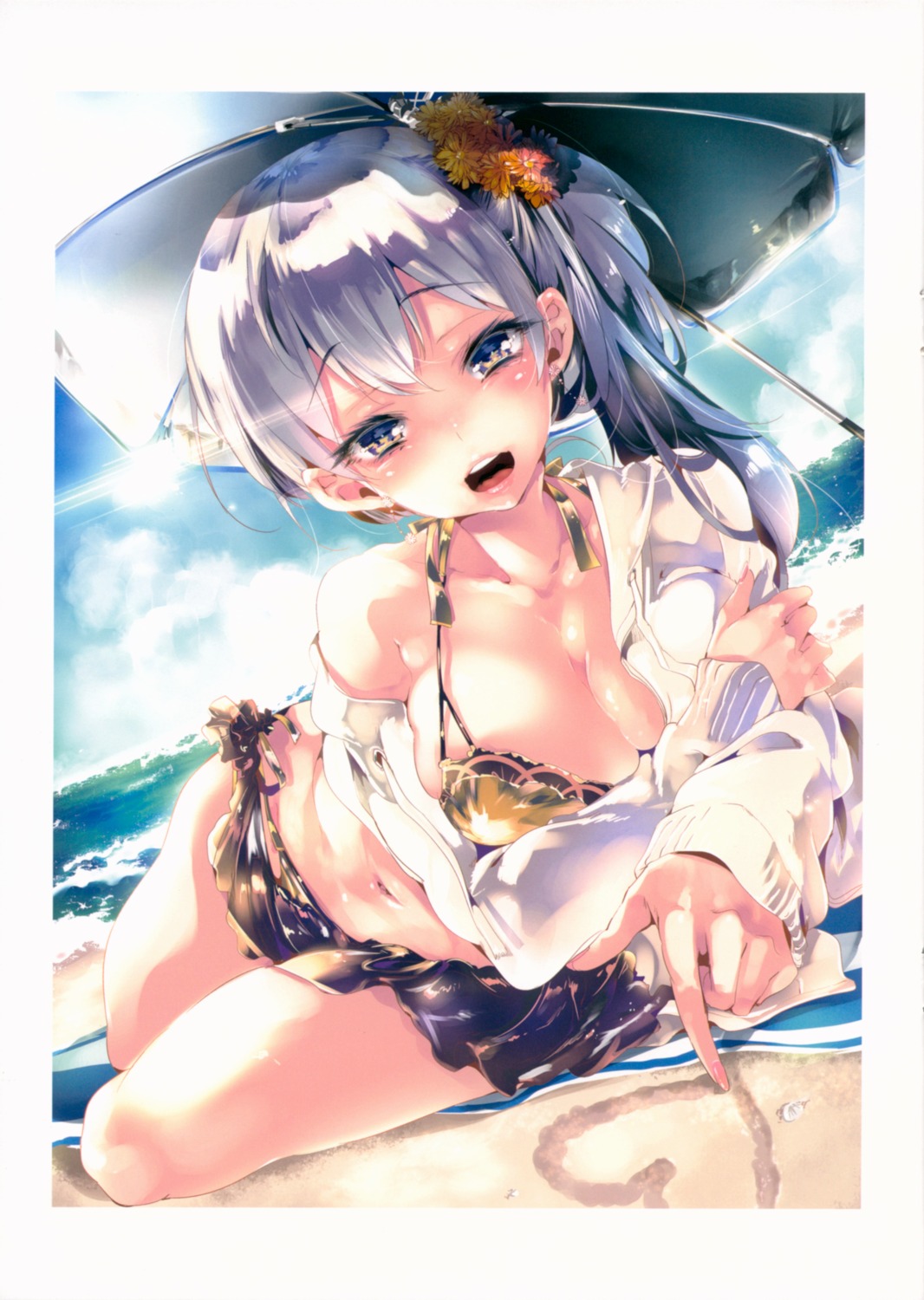 bikini, breast_hold, kamizuki_shiki, open_shirt, swimsuits