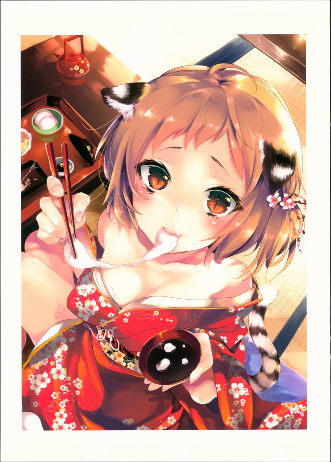 animal_ears, cleavage, kamizuki_shiki, kimono, open_shirt, possible_duplicate, tail