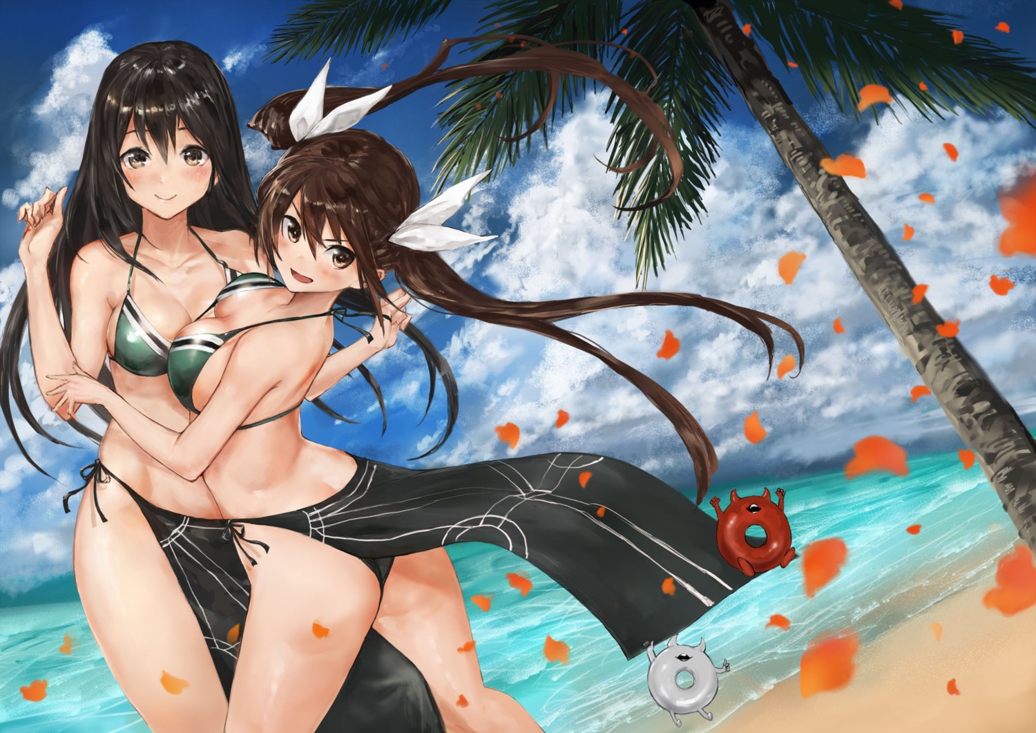 ass, bikini, bikini_top, chikuma_(kancolle), kantai_collection, skirt_lift, swimsuits, symmetrical_docking, thong, toka_(marchlizard), tone_(kancolle)