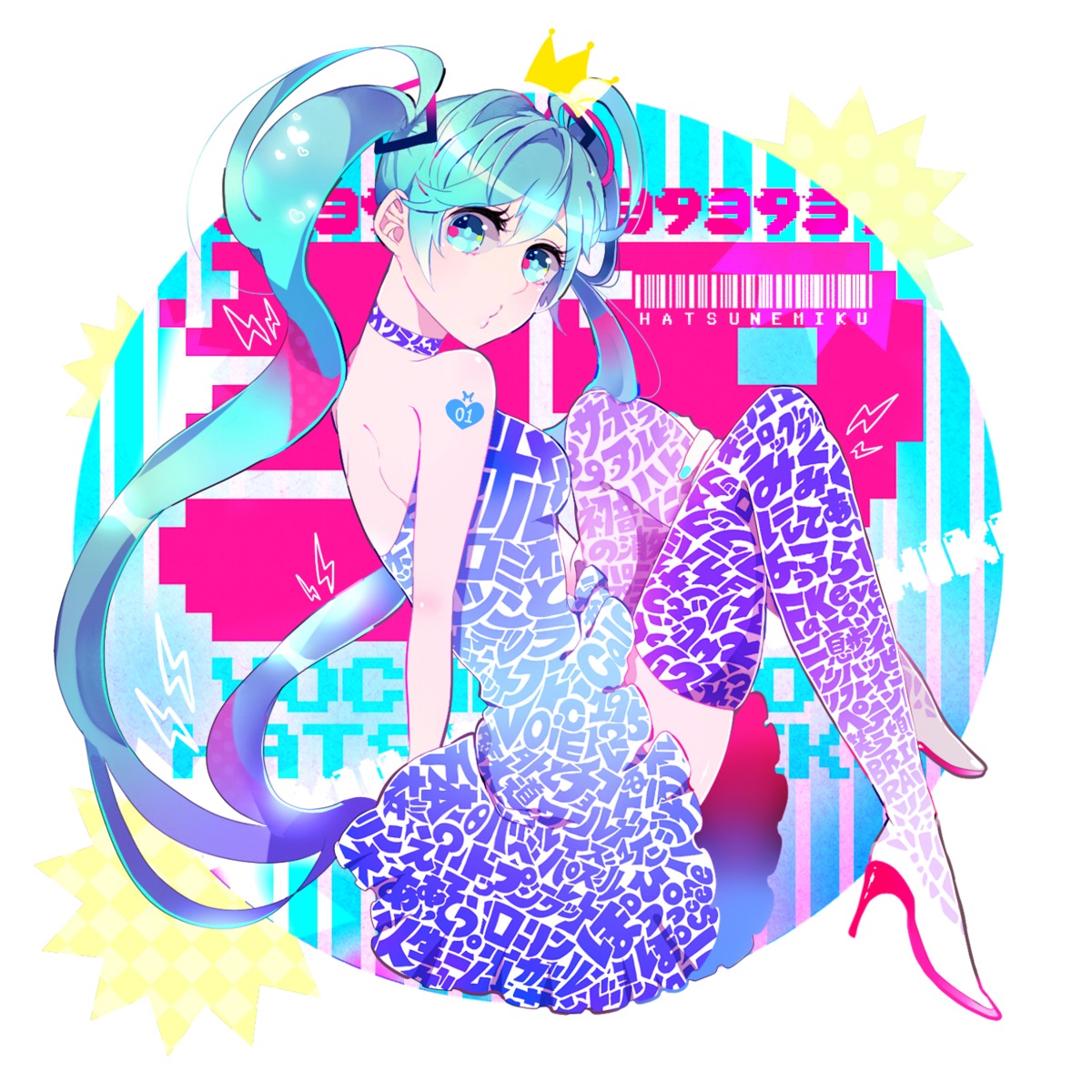 dress, hatsune_miku, heels, kisaragi_yuu_(fallen_sky), tattoo, thighhighs, vocaloid
