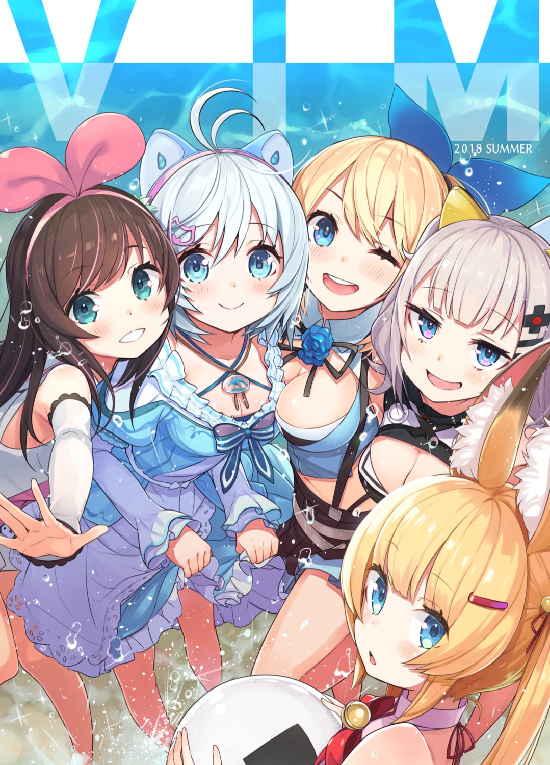animal_ears, cleavage, crossover, dennou_shoujo_youtuber_shiro, fuuen, kaguya_luna, kizuna_ai, kizuna_ai_inc.