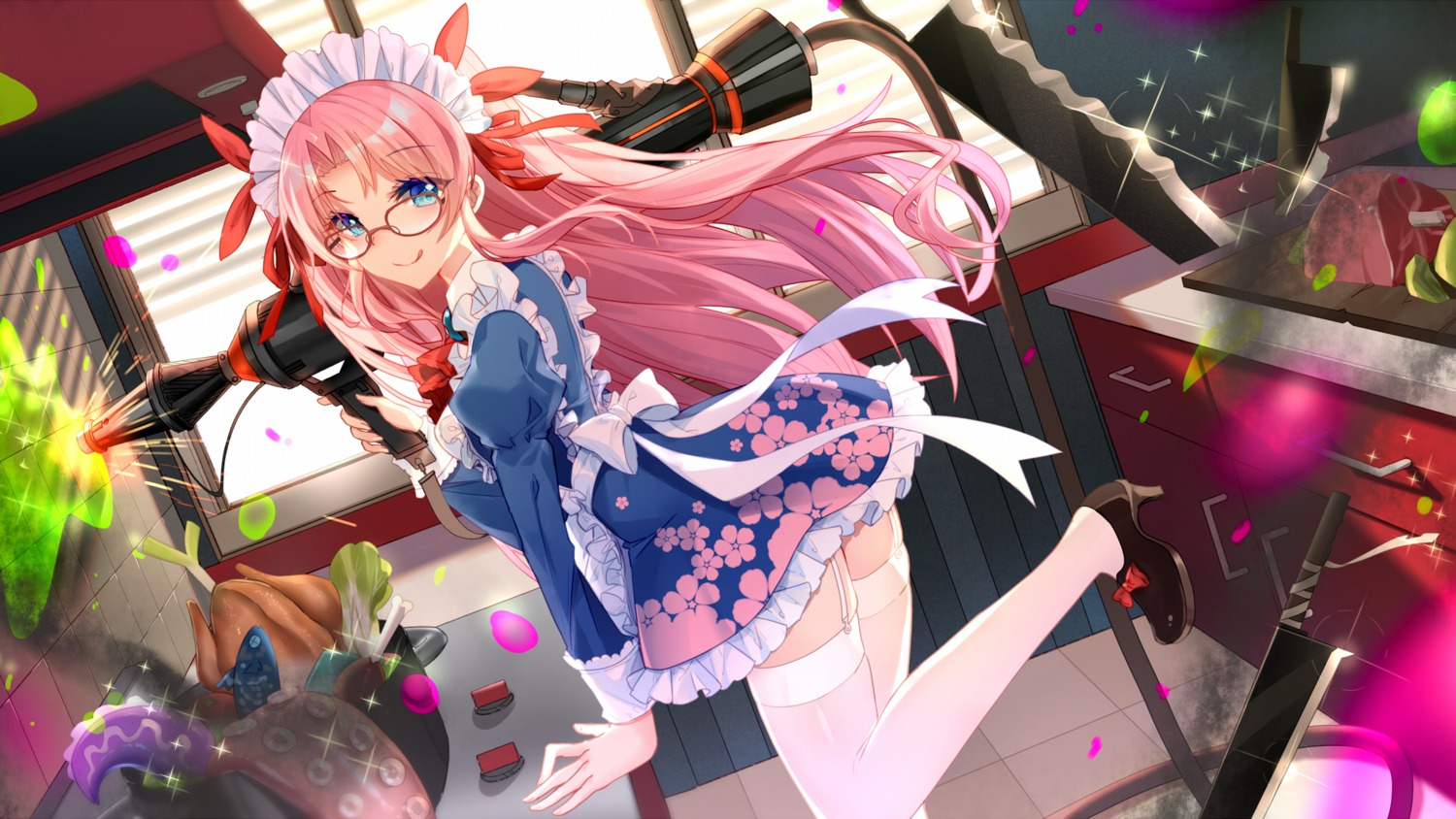 bison_cangshu, heels, maid, megane, stockings, thighhighs, wallpaper, weapon