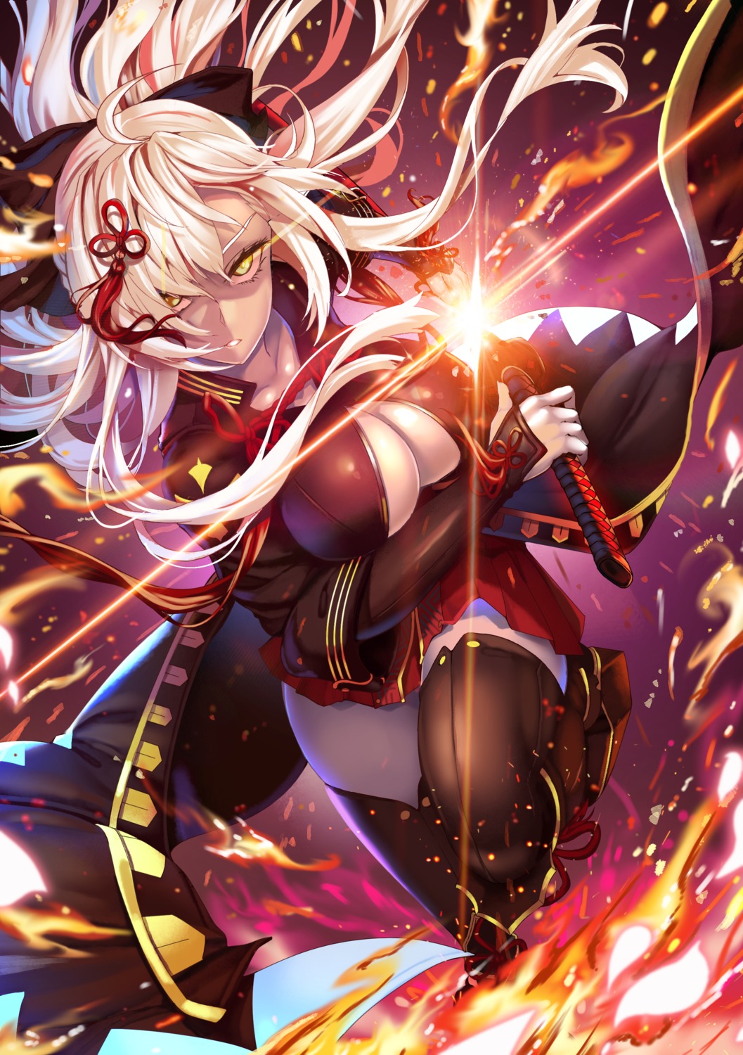 cleavage, fate/grand_order, hasaya, no_bra, okita_souji_(alter)_(fate), sword, thighhighs