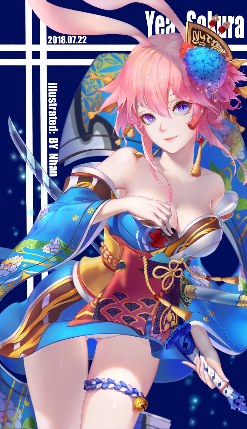 animal_ears, benghuai_xueyuan, bunny_ears, garter, honkai_impact, japanese_clothes, nhan, open_shirt
