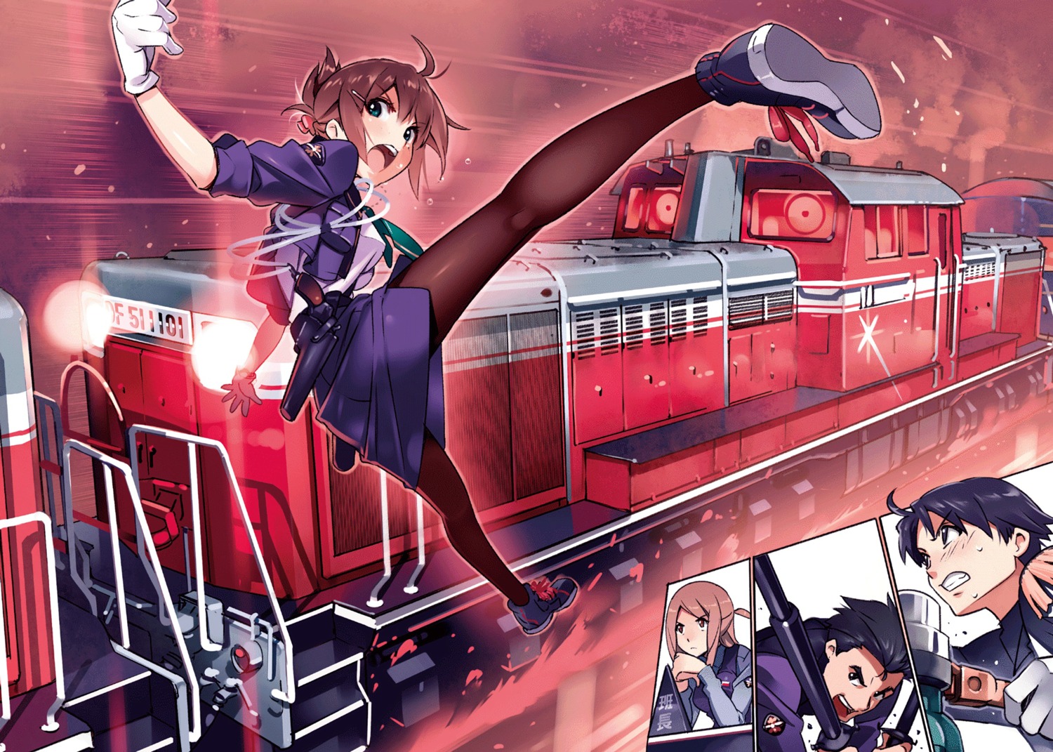 gun, iida_nana, iwaizumi_shou, pantyhose, rail_wars!, sakurai_aoi_(rail_wars!), takayama_naoto, uniform